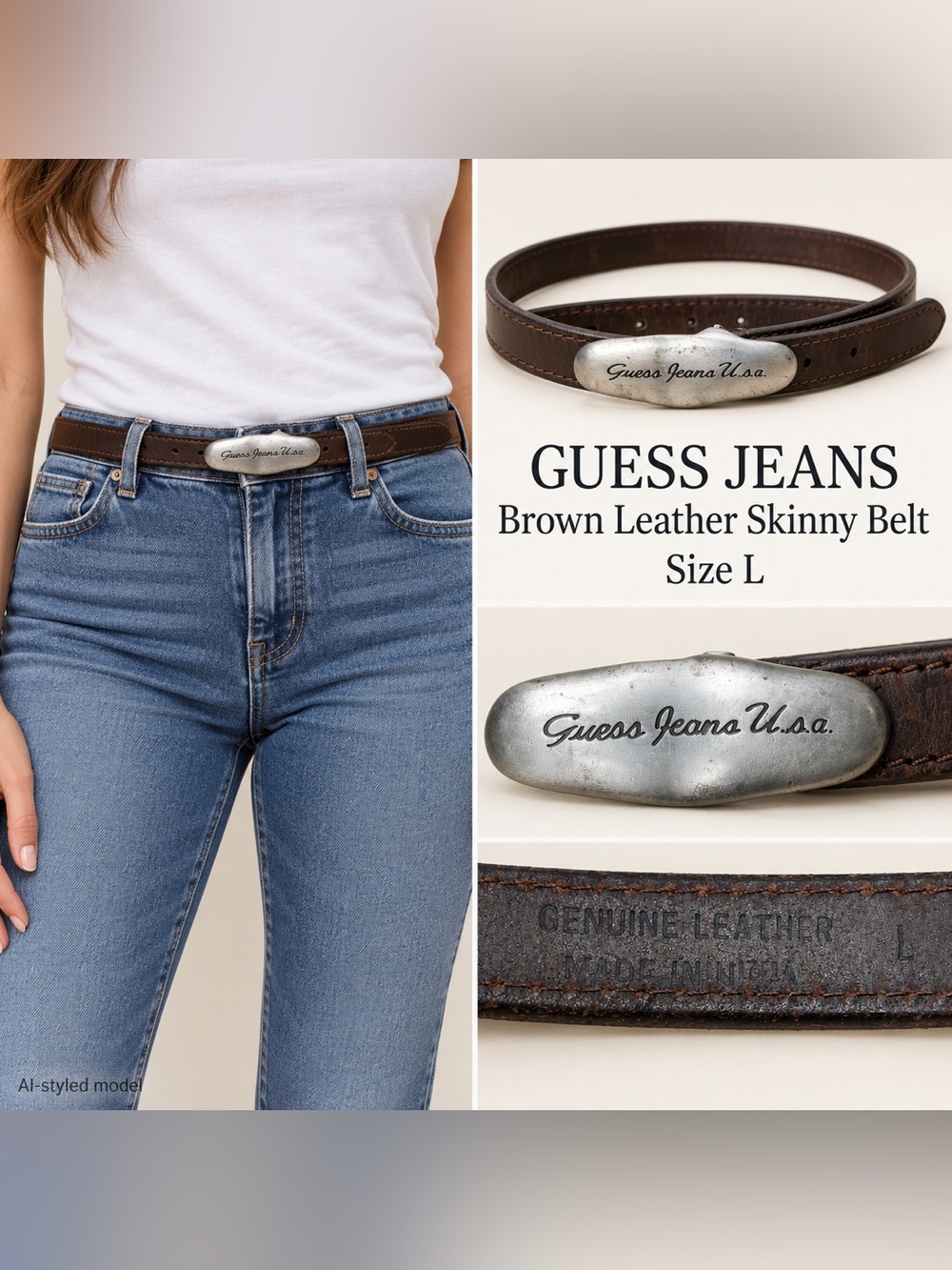 Vintage Guess Brown Leather Skinny Belt with Silver-Tone Logo Buckle Size Large